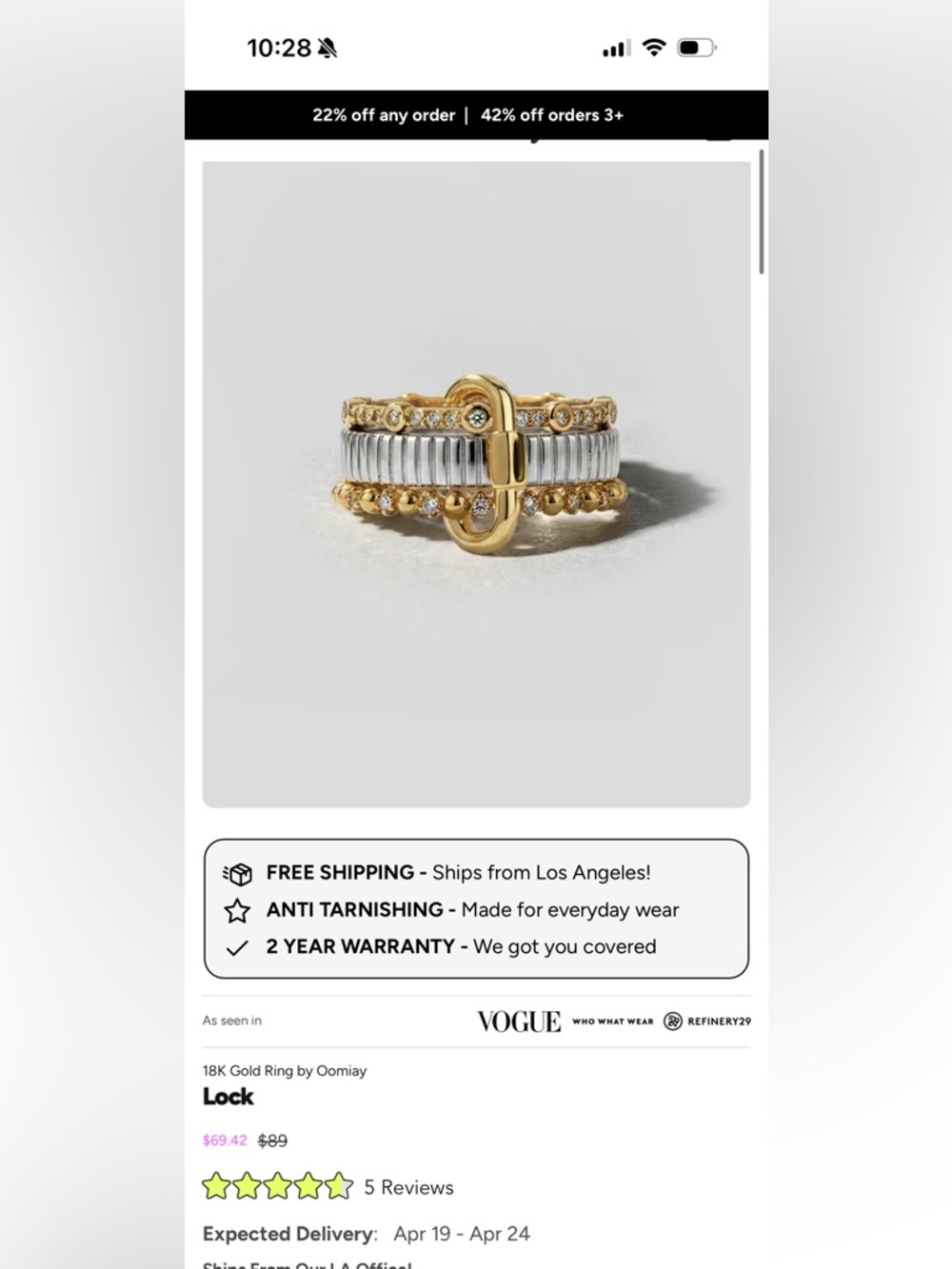Oomiay 18k Gold Ring - Lock - Size 5